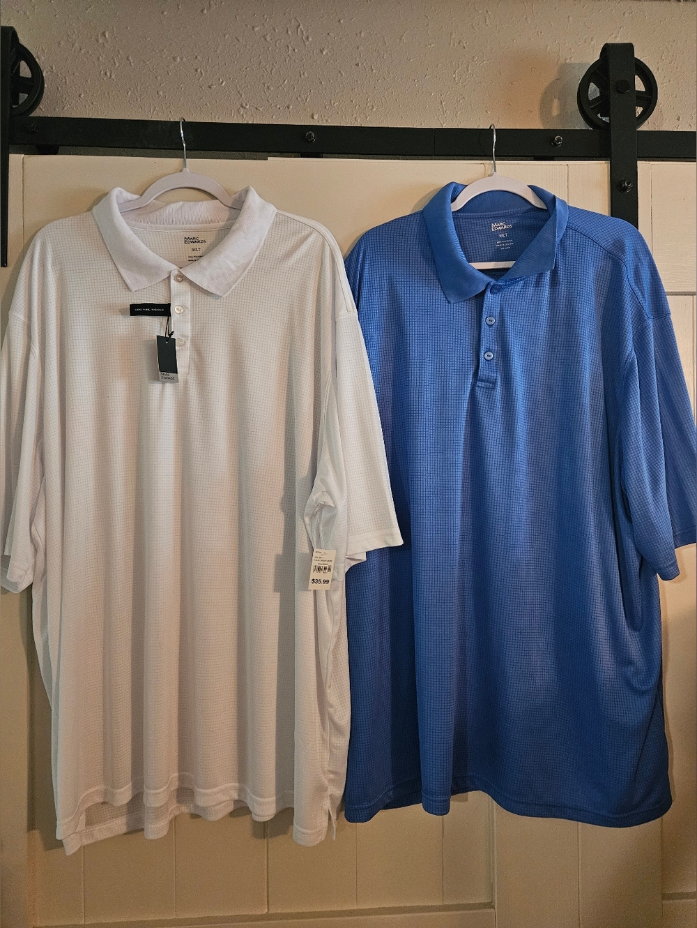2 Marc Edwards 3XLT Moisture Wicking Polo Shirts: White (NWT) Blue (NWOT)